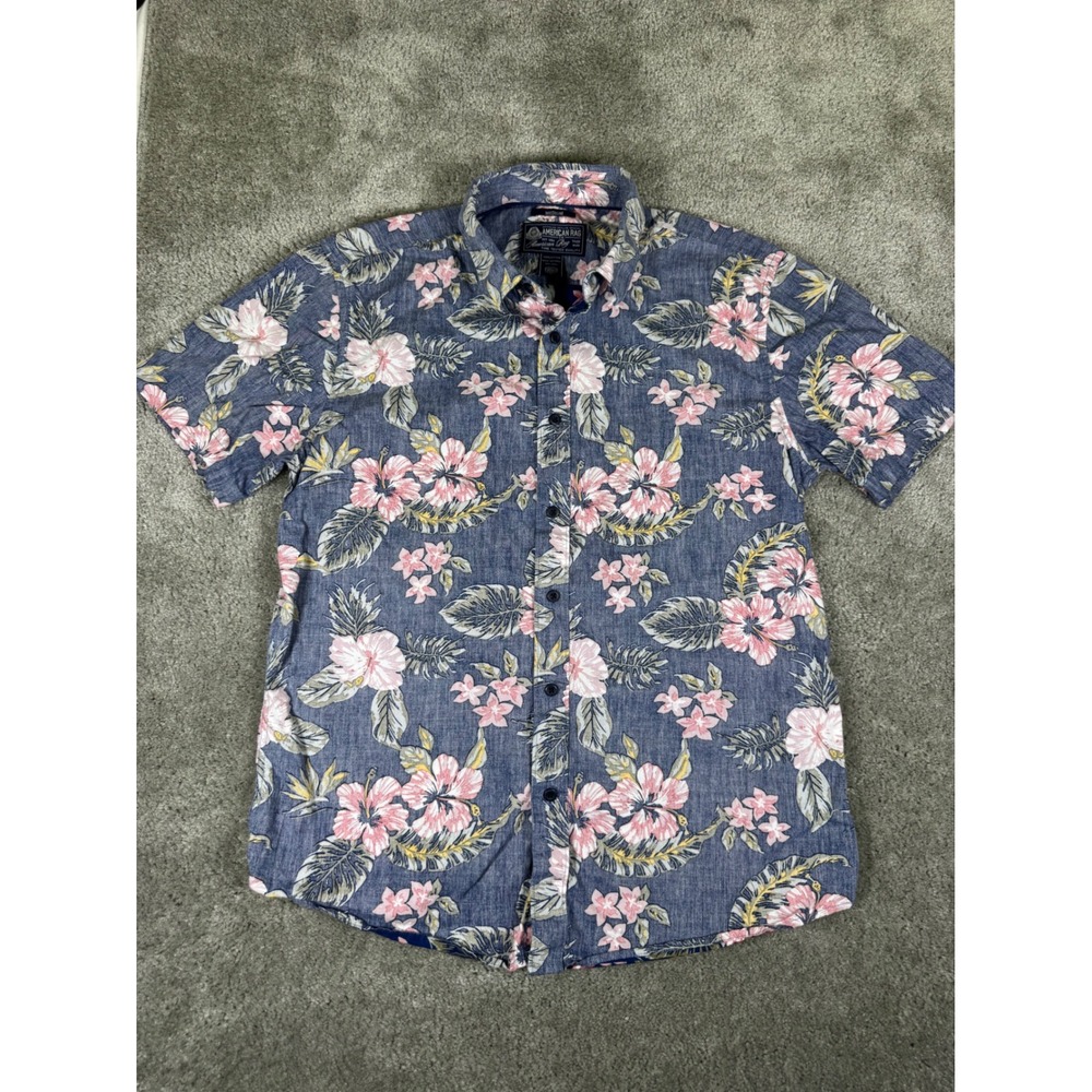 American Rag Mens Blue Tropical Hibiscus Floral Short Sleeve Button Down Shirt M